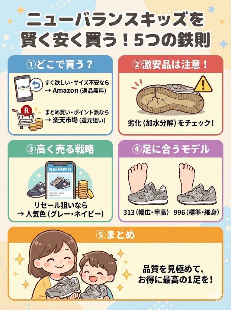 ニューバランスのキッズシューズを安く買う方法まとめ すぐに欲しいなら返品無料のAmazon
まとめ買いならポイント還元の楽天市場
安さだけでなく「加水分解」などの劣化に注意する
人気色(グレー・ネイビー)を選んで高く売る
足の形に合わせて「313」か「996」を選び分ける