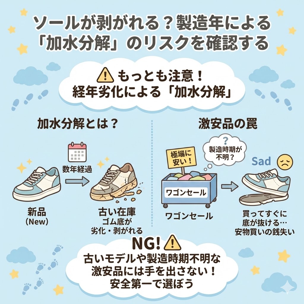 ソールが剥がれる?製造年による「加水分解」のリスクを確認する