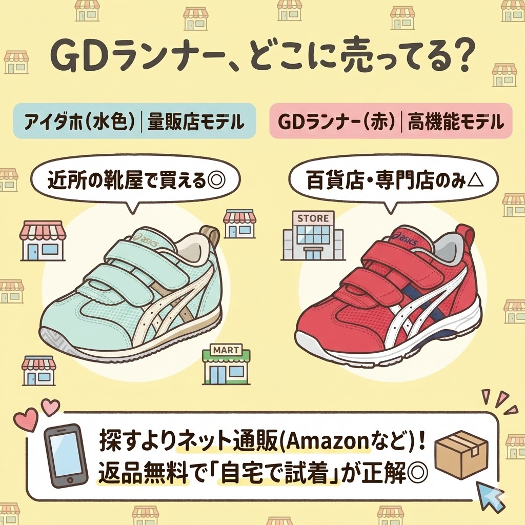 アイダホは「量販店モデル」として多くの店舗で扱われていますが、GDランナーは「高価格帯モデル」のため販路が絞られています。