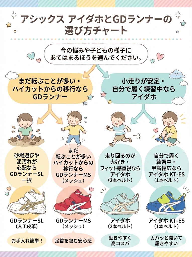 アシックスアイダホとGDランナーの選び方チャート