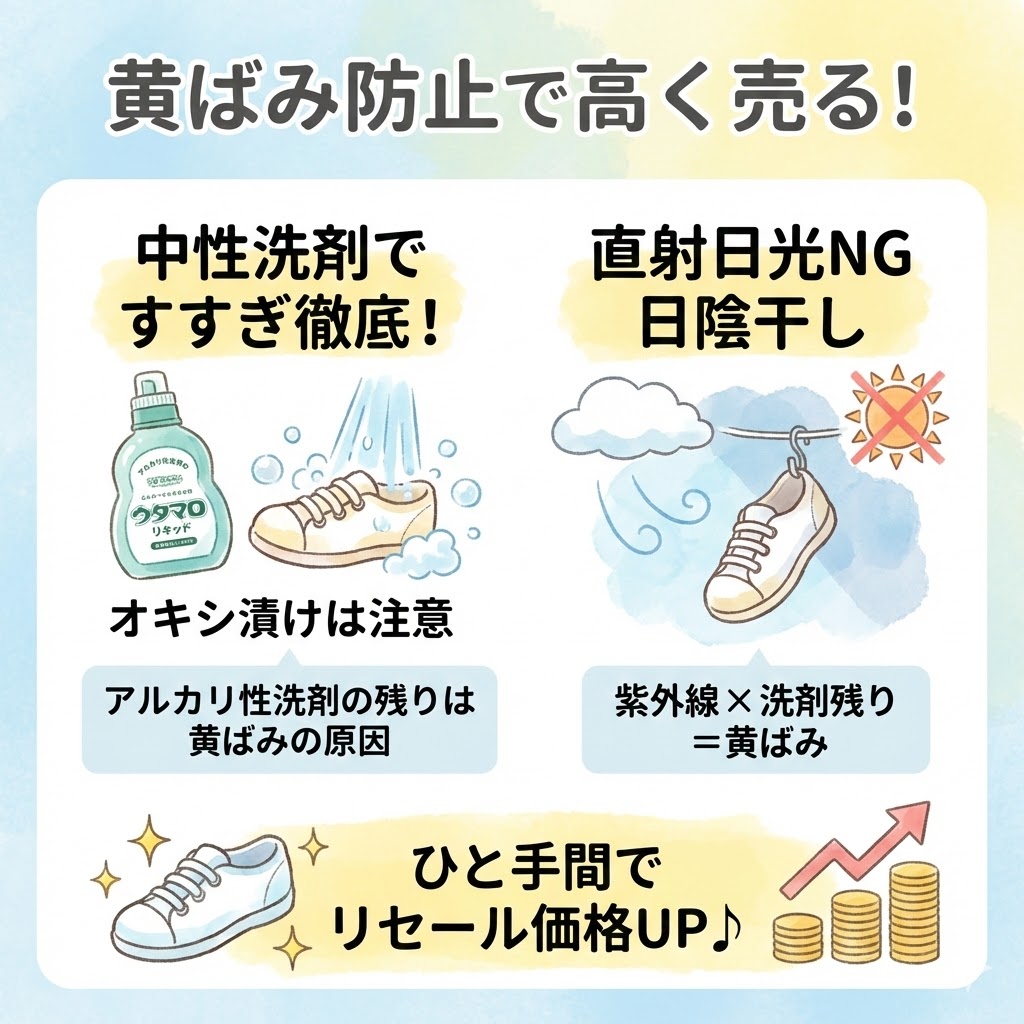 黄ばんだソールを洗うときは中性洗剤(ウタマロリキッドなど)を使い、すすぎを徹底的に行うことが重要です。