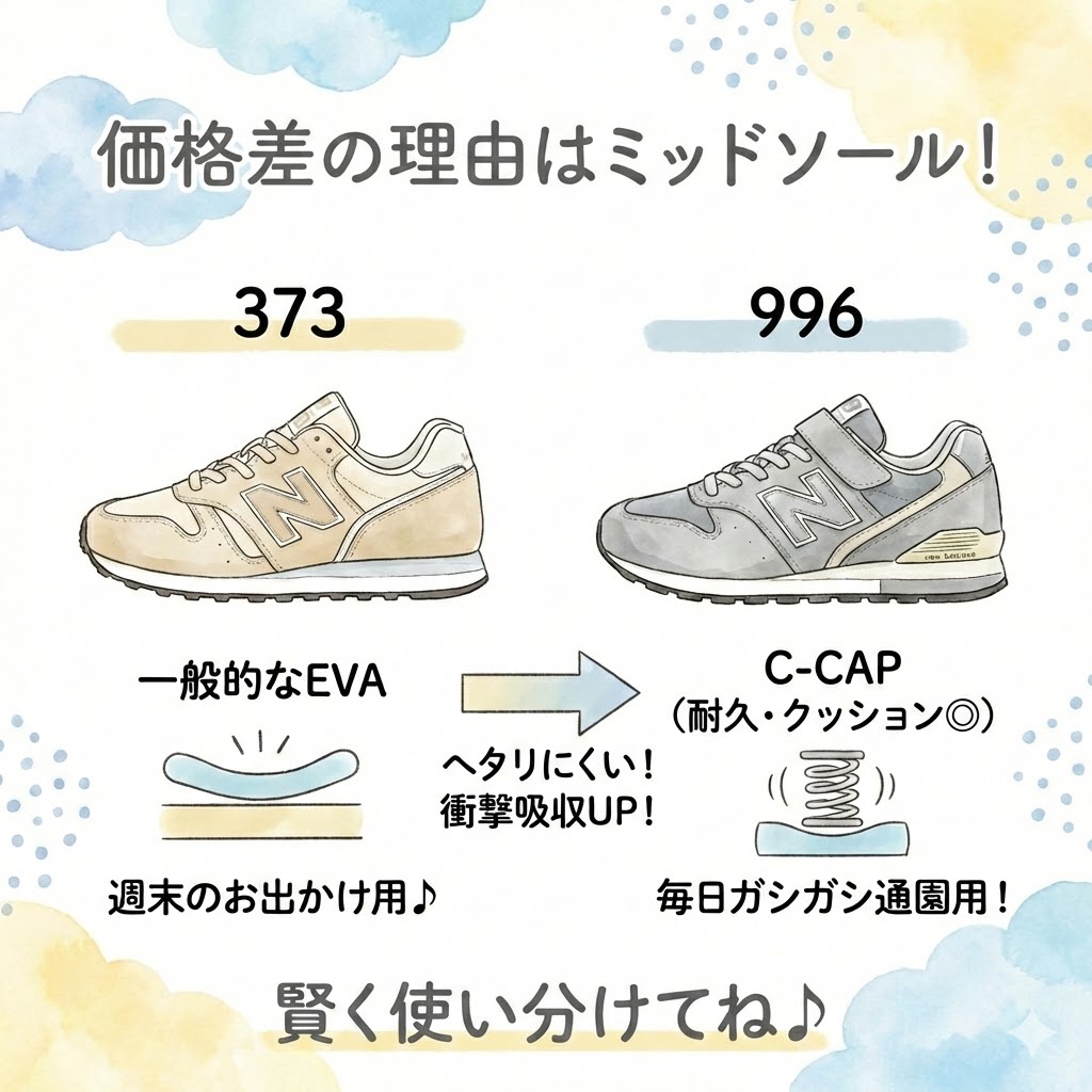 ニューバランス373と996のもっとも大きな違いは、ミッドソール(靴底のクッション部分)に使われている素材