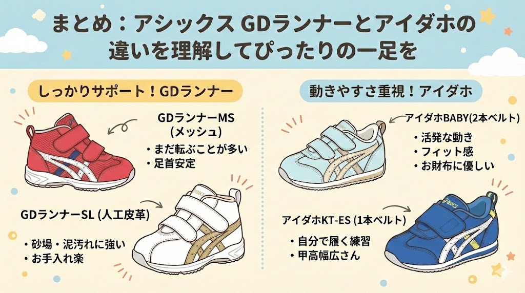 まとめ:アシックス GDランナーとアイダホの違いを理解してぴったりの一足を