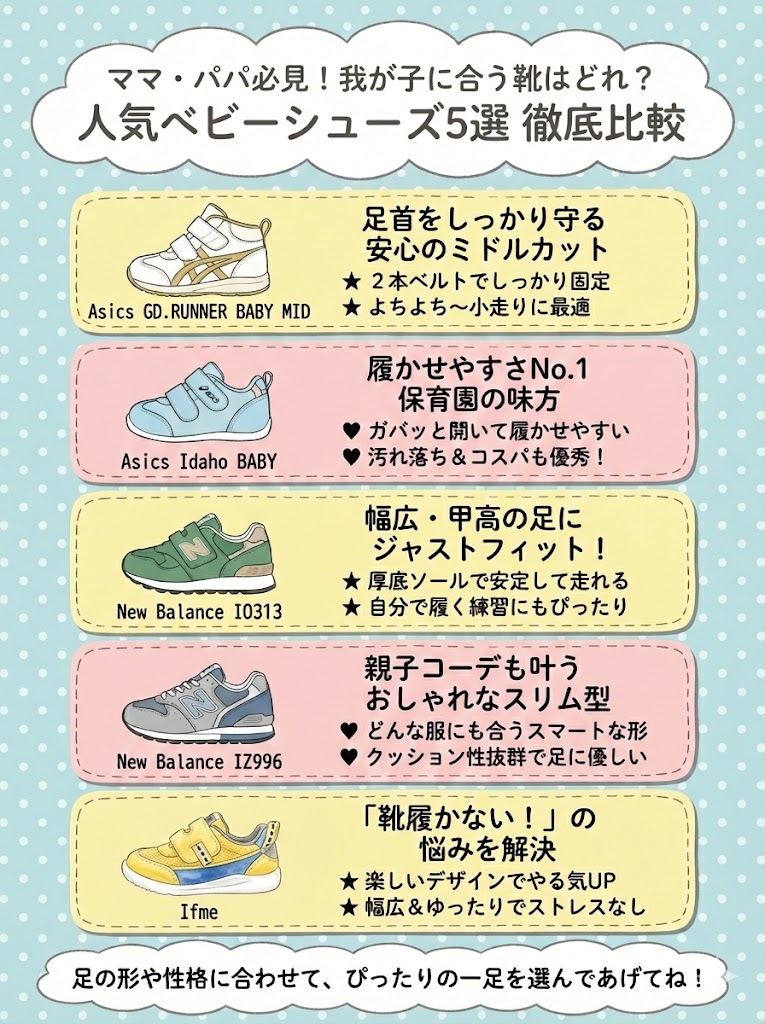 セカンドシューズおすすめ3選　アシックス スクスク GD.RUNNER BABY　 アシックス スクスク アイダホ BABY　ニューバランス IO313