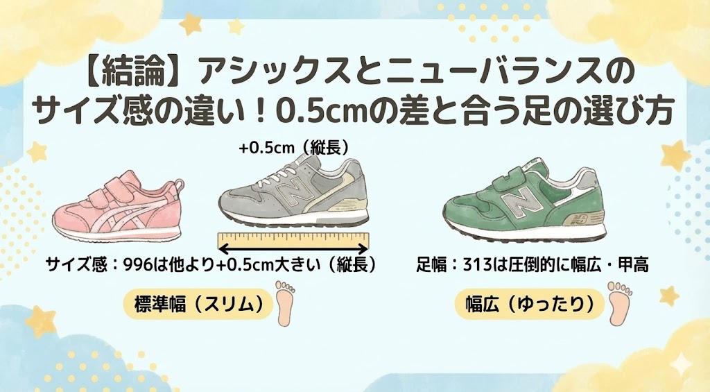 【結論】アシックスとニューバランスのサイズ感の違い！0.5cmの差と合う足の選び方