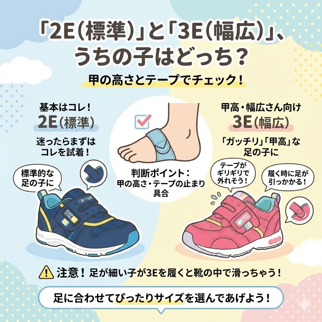 「2E(標準)」か「3E(幅広)」かは甲の高さと、マジックテープの止まり具合で判断するのがおすすめです。