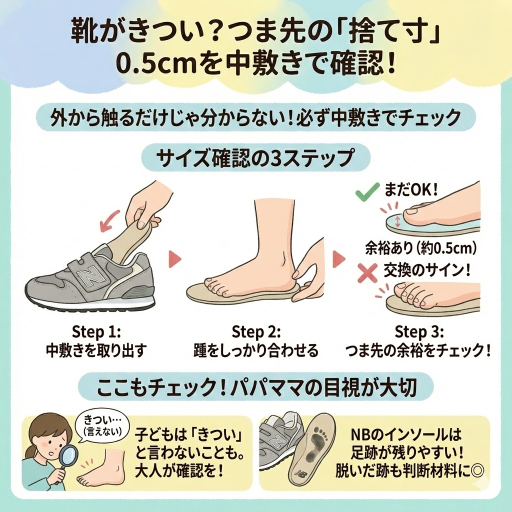 つま先の捨て寸が0.5cmを切っていないか中敷きで確認する