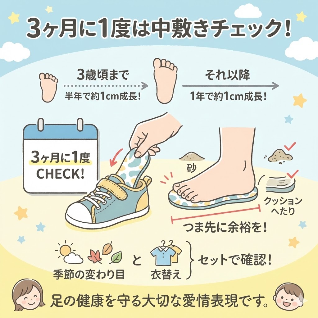 3ヶ月に1度はキッズシューズの中敷きをチェックしてサイズを確認
