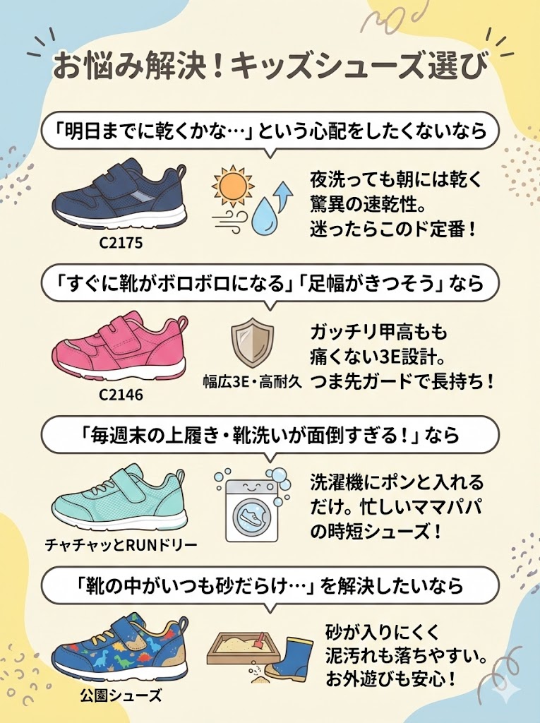 ムーンスターキャロットの違い お悩みごとのシューズ選び図解