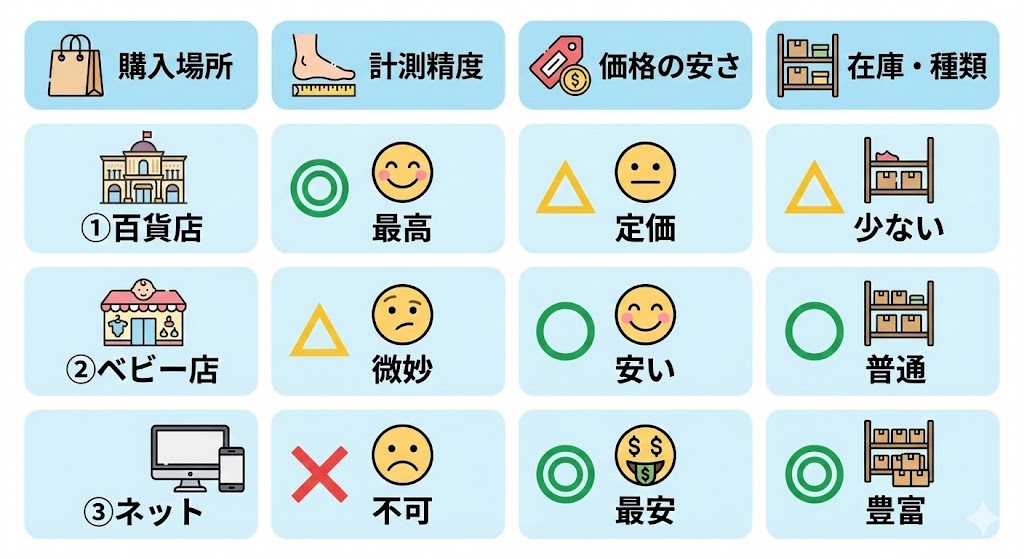 ファーストシューズどこで買う？百貨店・専門店、ベビー用品店、ネット通販比較表