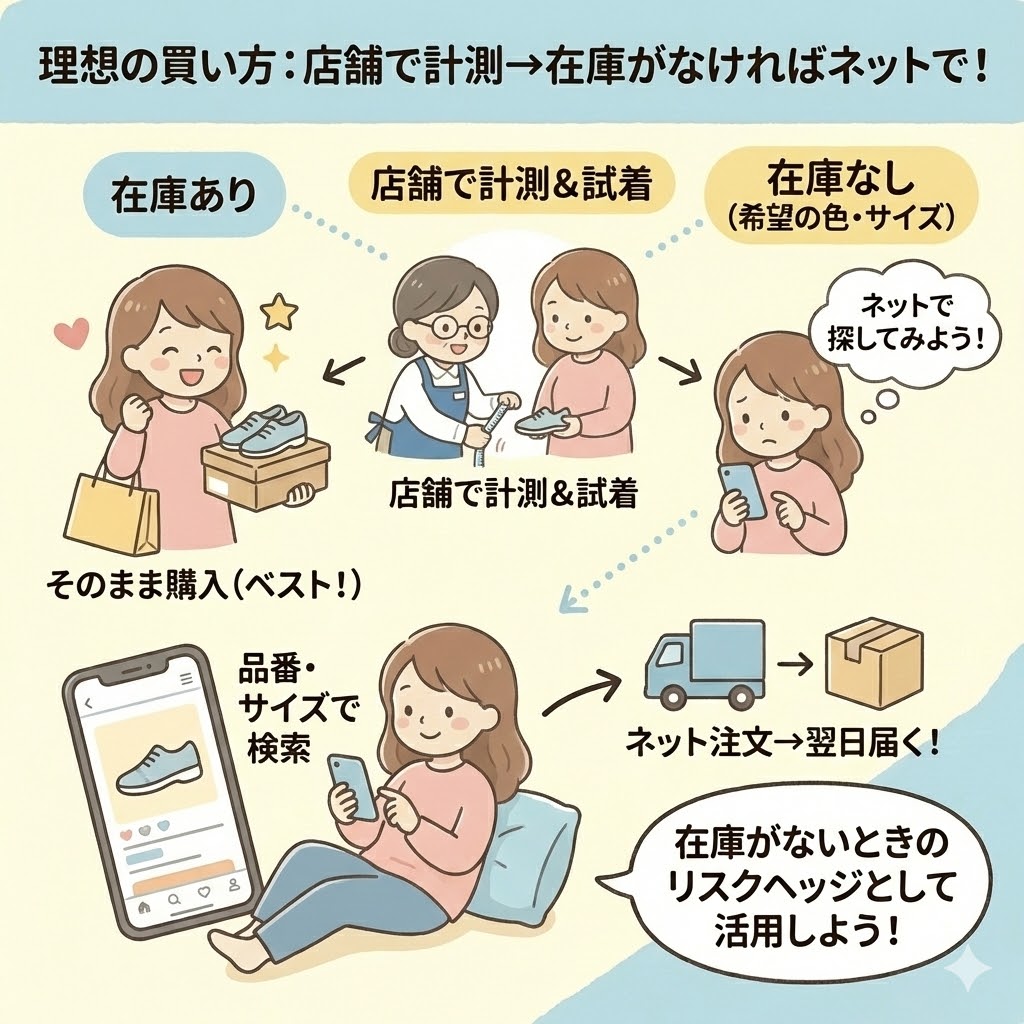 ファーストシューズの買い方の理想：在庫があれば店舗で購入。なければネットで探す