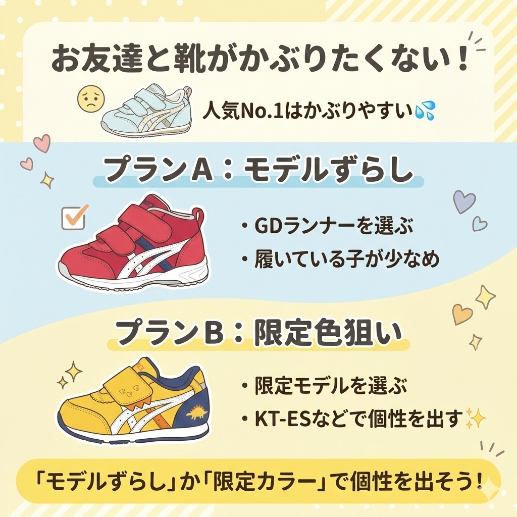 アシックススクスク 保育園のお友達と被りたくなければGDランナーかアイダホKT-ES