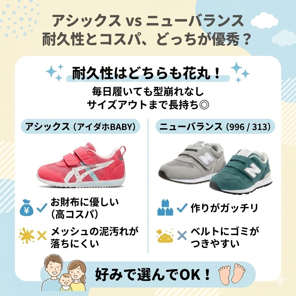 アシックスとニューバランスの耐久性とコスパの違い｜サイズアウトまで型崩れしにくいのは？