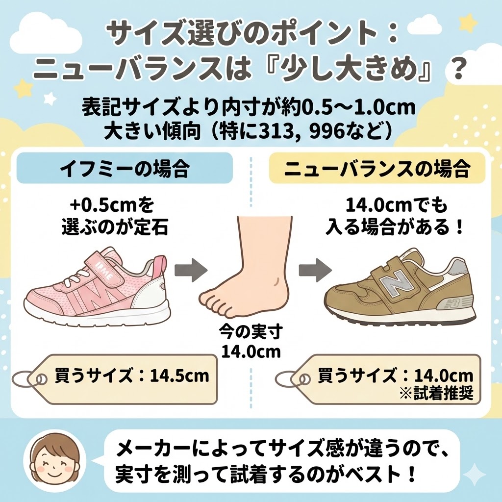 サイズ選びのポイント　ニューバランスは「少し大きめ」に作られていることが多いです。