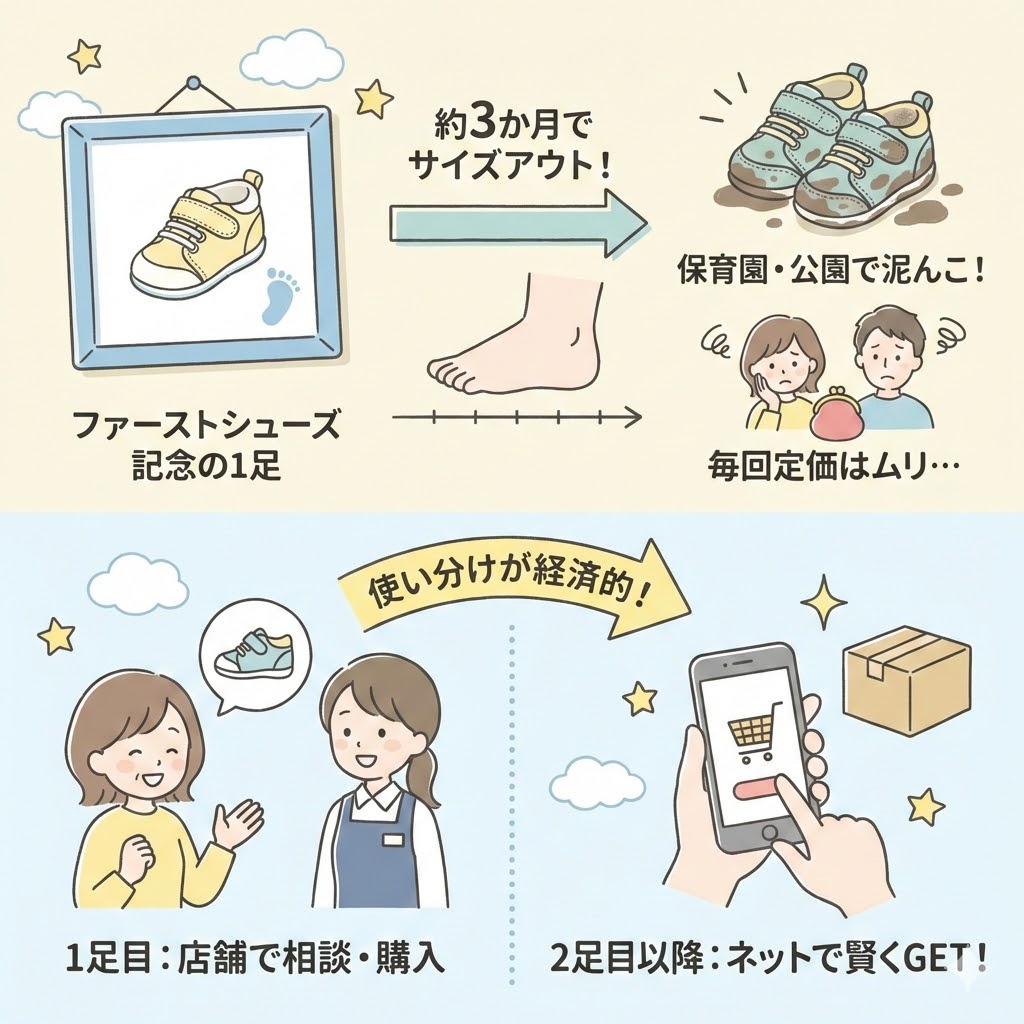 ファーストシューズ購入の現実：子ども靴は3か月でサイズアウト。2足目以降はネットが経済的