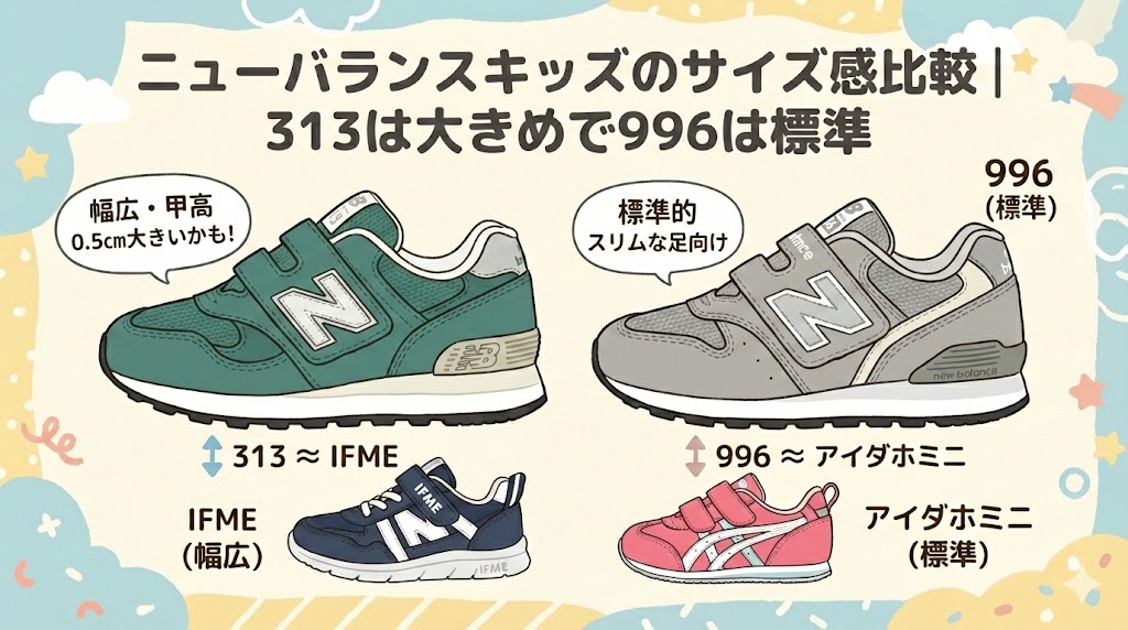ニューバランスキッズのサイズ感比較｜313は大きめで996は標準