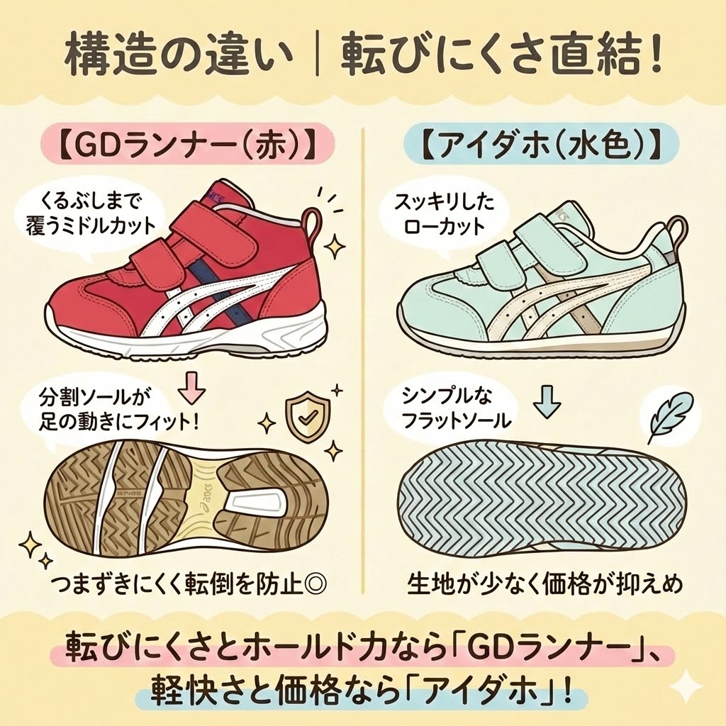 構造の違い|転びにくさ直結!GDランナーだけの分割ソールとミドルカット