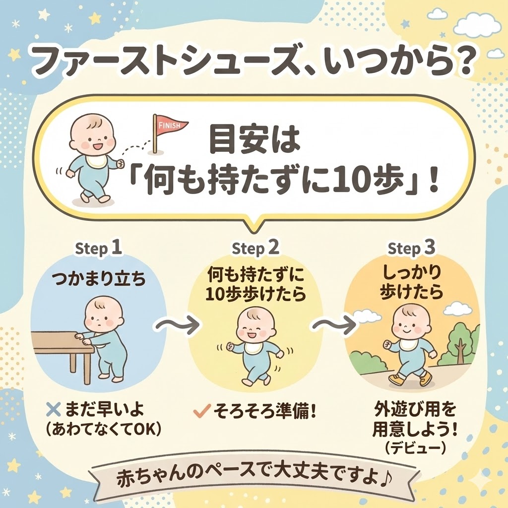 ファーストシューズは家の中で何も持たずに「10歩」くらい歩けるようになってから履かせましょう