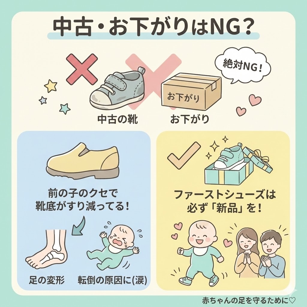 ファーストシューズに関しては、中古やお下がりは絶対にNGです。