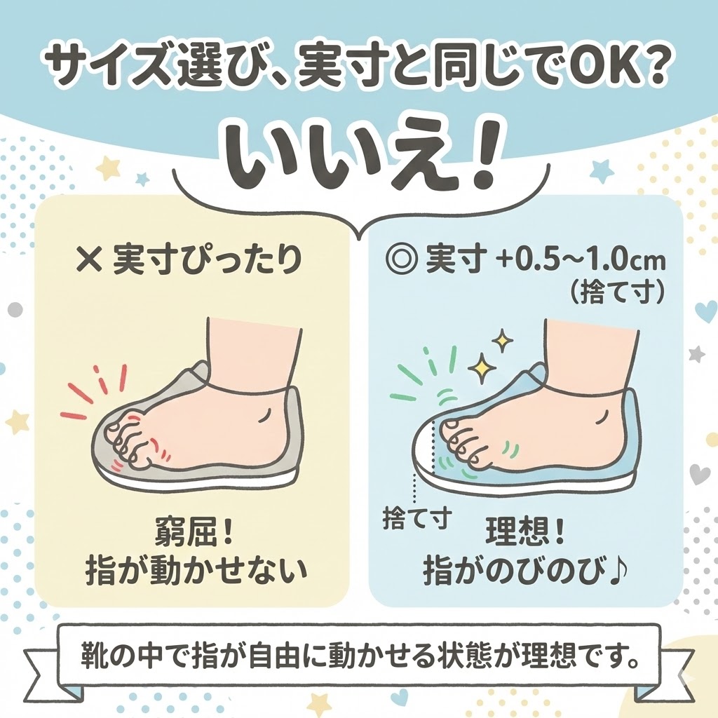 足の実寸ぴったりだと指が動かせず、窮屈になってしまいます。