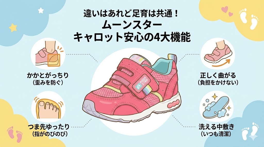 違いはあれど足育は共通!ムーンスター キャロット安心の4大機能