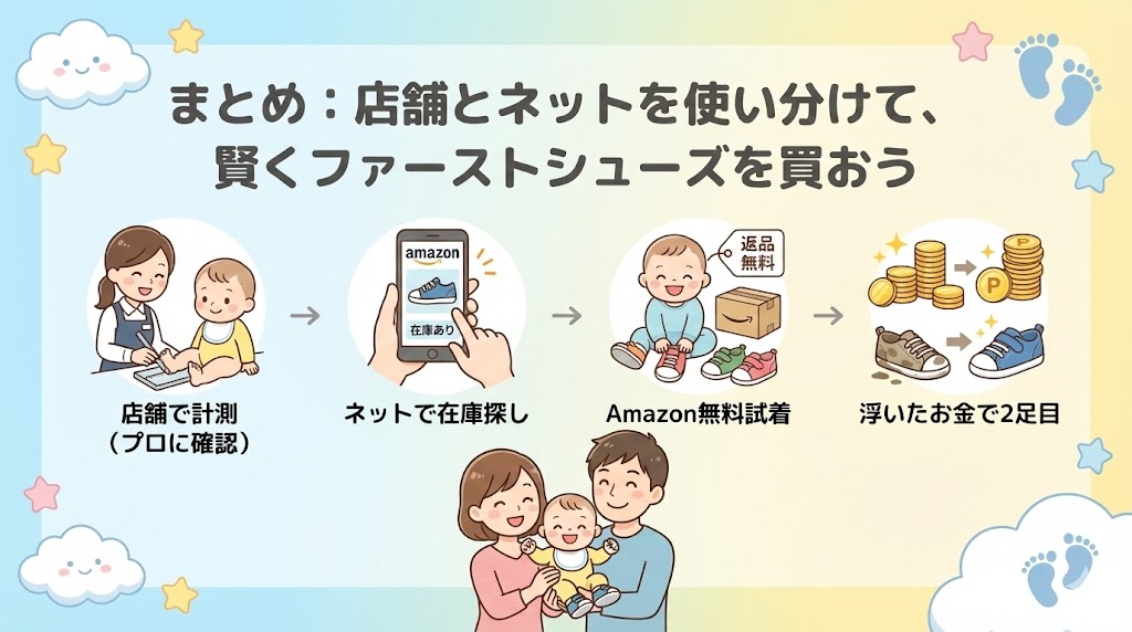 まとめ：店舗とネットを使い分けて、賢くファーストシューズを買おう