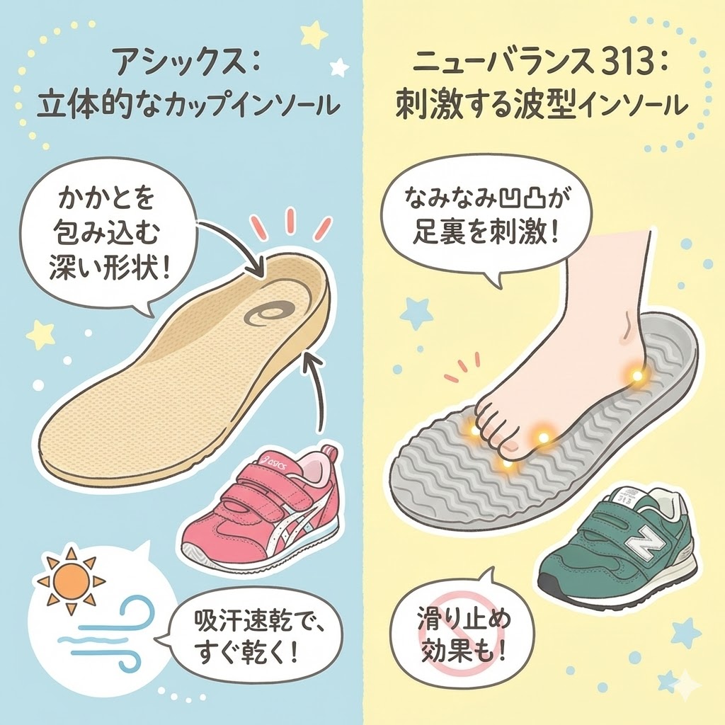 アシックスとニューバランスのインソール（中敷き）の違い｜立体的なカップインソールと刺激する波型