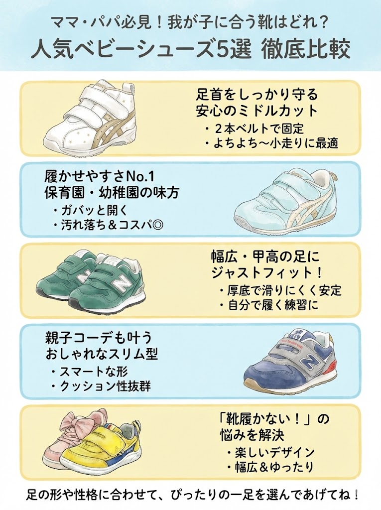 安定感と足首の保護 アシックス スクスク GD.RUNNER BABY MID

履かせやすさとコスパ アシックス スクスク アイダホ BABY

幅広・甲高 ニューバランス IO313

おしゃれと機能性 ニューバランス IZ996

子どもが履きたくなる イフミー