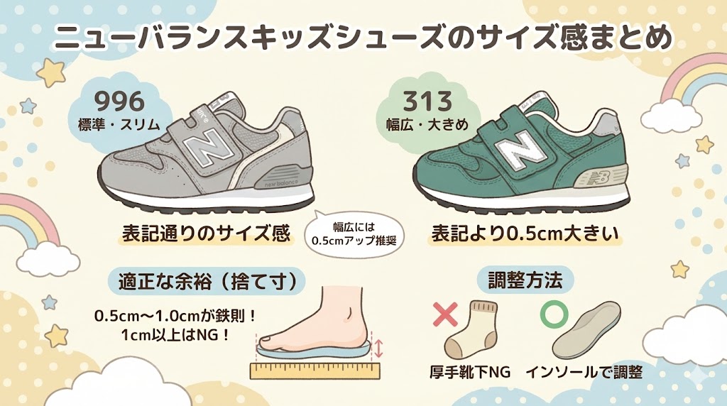 モデル選びが最重要：幅広・大きめなら「313」、標準・スリムなら「996」を選ぶ。

サイズ感の目安：「313」は表記より0.5cm大きく感じる。「996」は標準サイズ。

適正な余裕：捨て寸は0.5cm〜1.0cmが鉄則。1cm以上は足トラブルの元。

調整方法：どうしても大きい場合は、厚手の靴下ではなくインソールで調整する。