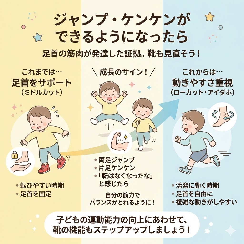 アシックスGDランナーからアイダホに切り替えるタイミング:ジャンプやケンケンができるようになったら