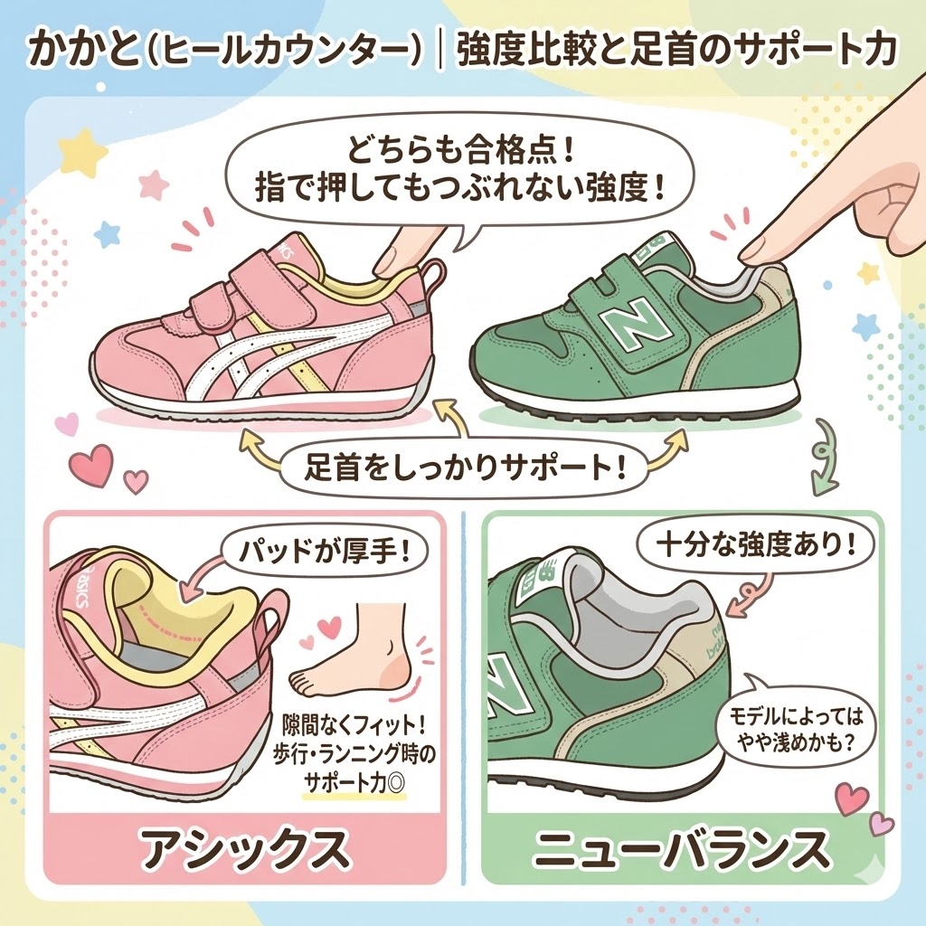 アシックスとニューバランスのかかと（ヒールカウンター）の違い｜強度比較と足首のサポート力