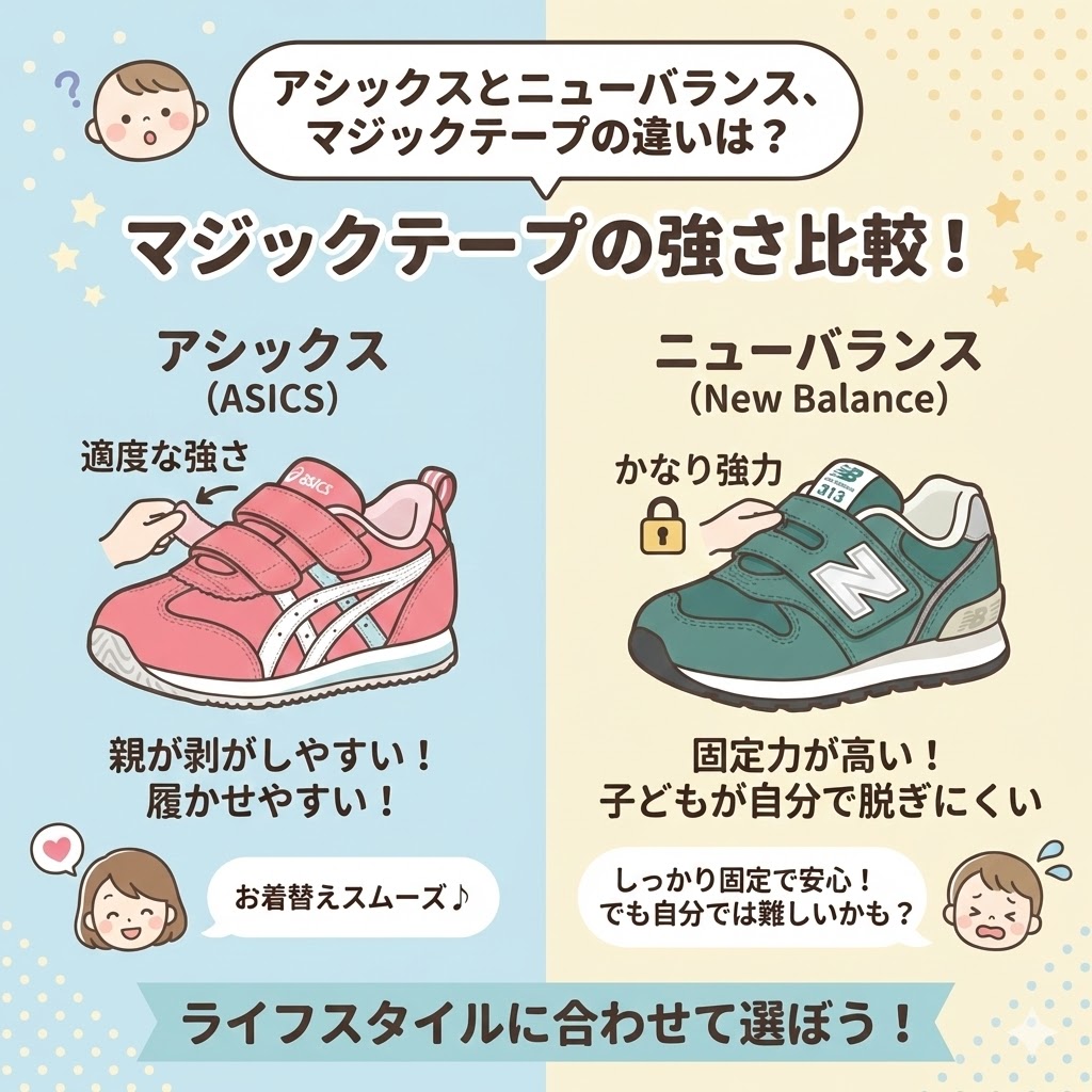 アシックスとニューバランス　マジックテープの強さの違い