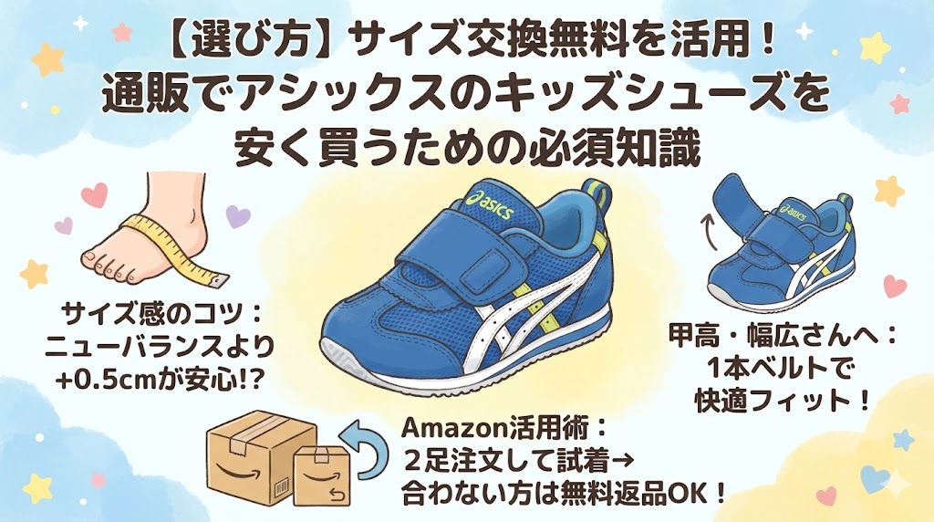 【選び方】サイズ交換無料を活用！通販でアシックスのキッズシューズを安く買うための必須知識