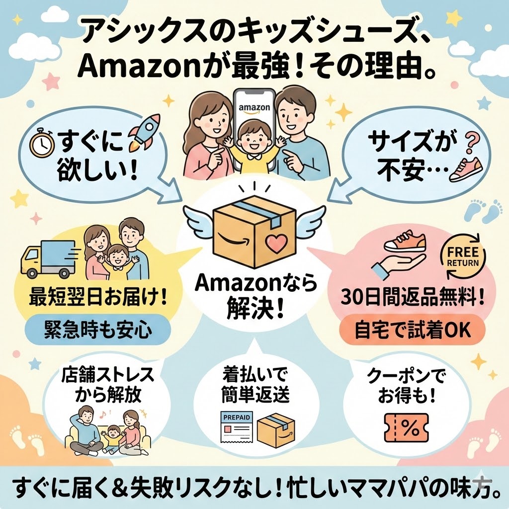 すぐに欲しい＆サイズが合うか不安 ⇒ Amazon：返品無料でサイズ交換のリスクなし