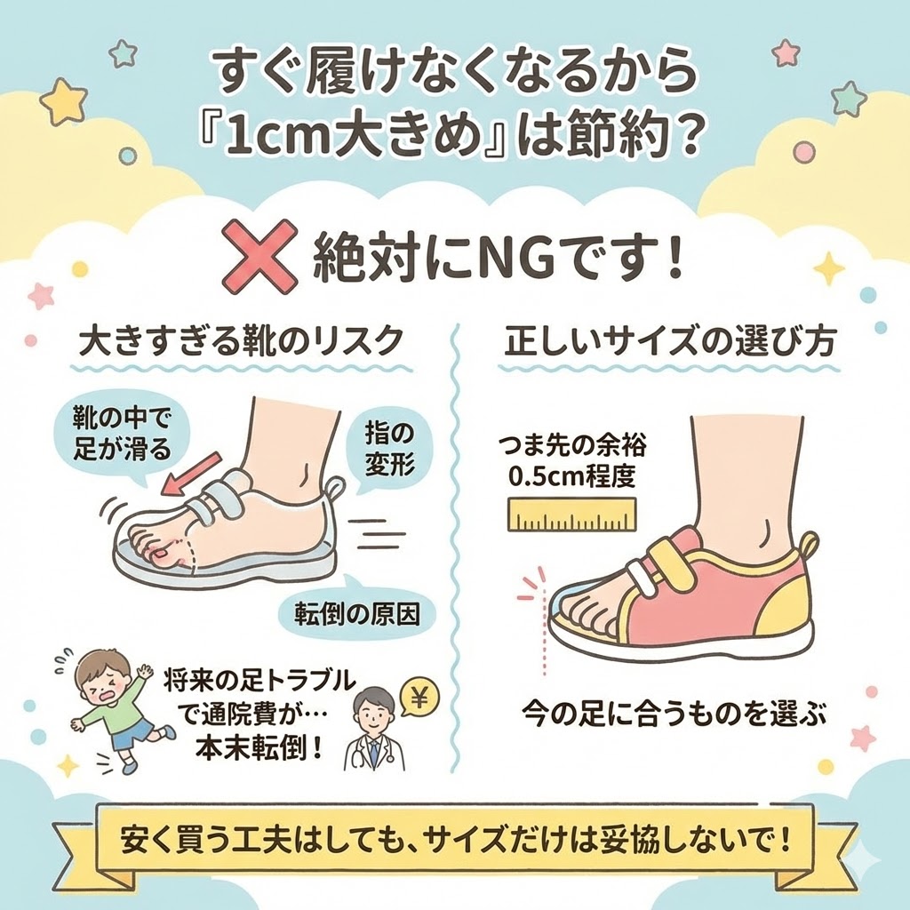 すぐ履けなくなるから、1cmくらい大きめを買うのはNG