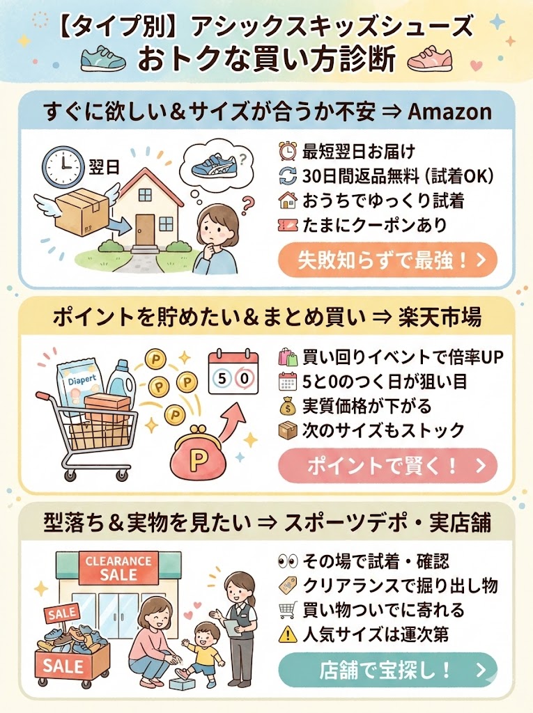 タイプ別アシックスキッズシューズを安く買う方法チャート