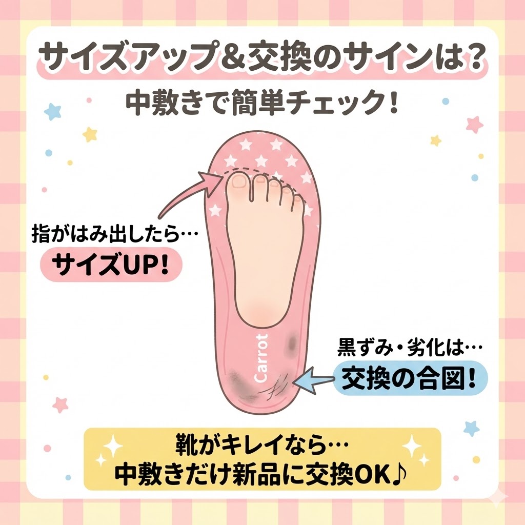 中敷きにある「サイズめやすゾーン」から指がはみ出したら、サイズアップの合図です。