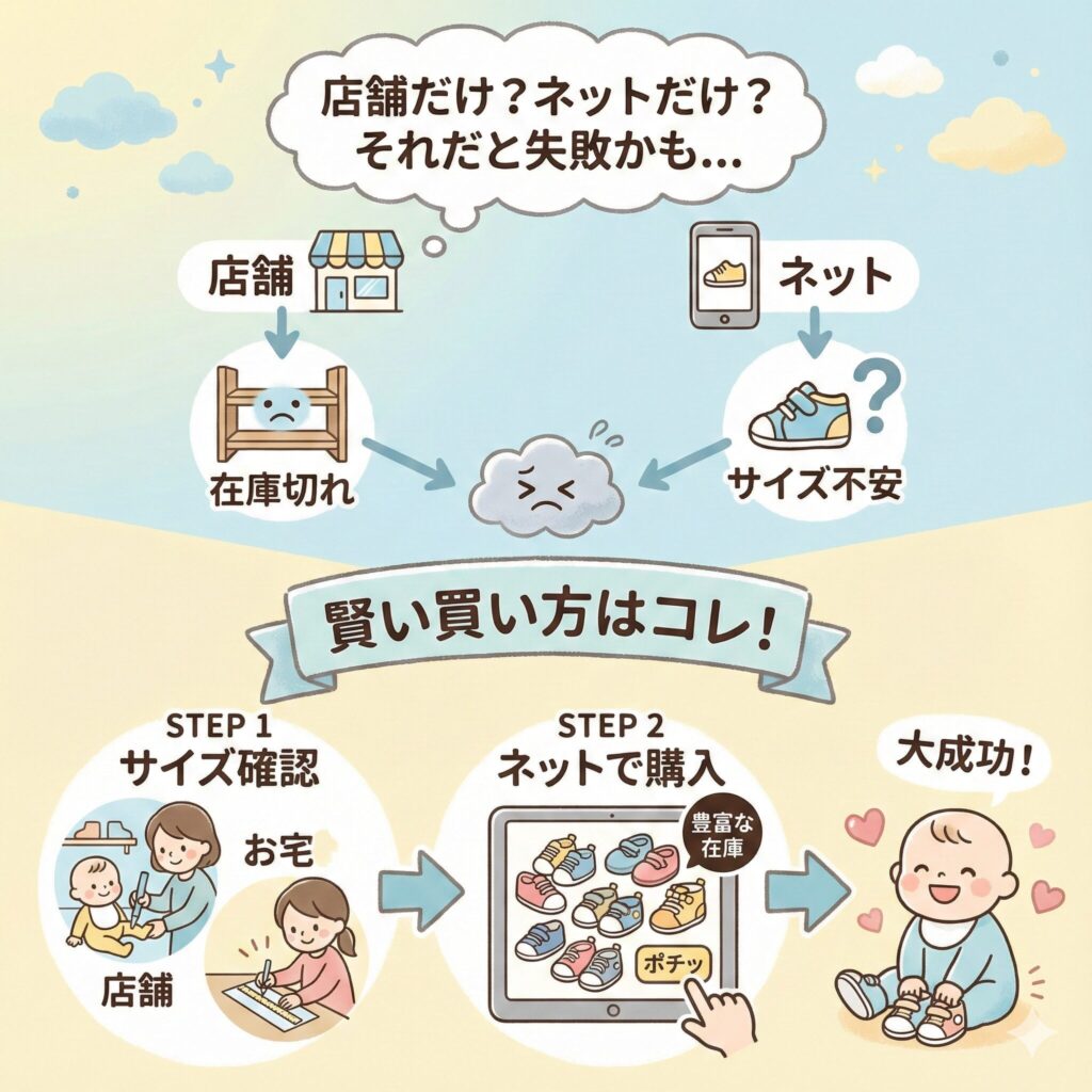 ファーストシューズはどこで買う？賢い買い方は店舗や自宅でサイズを確認し、購入は在庫豊富なネットですませる