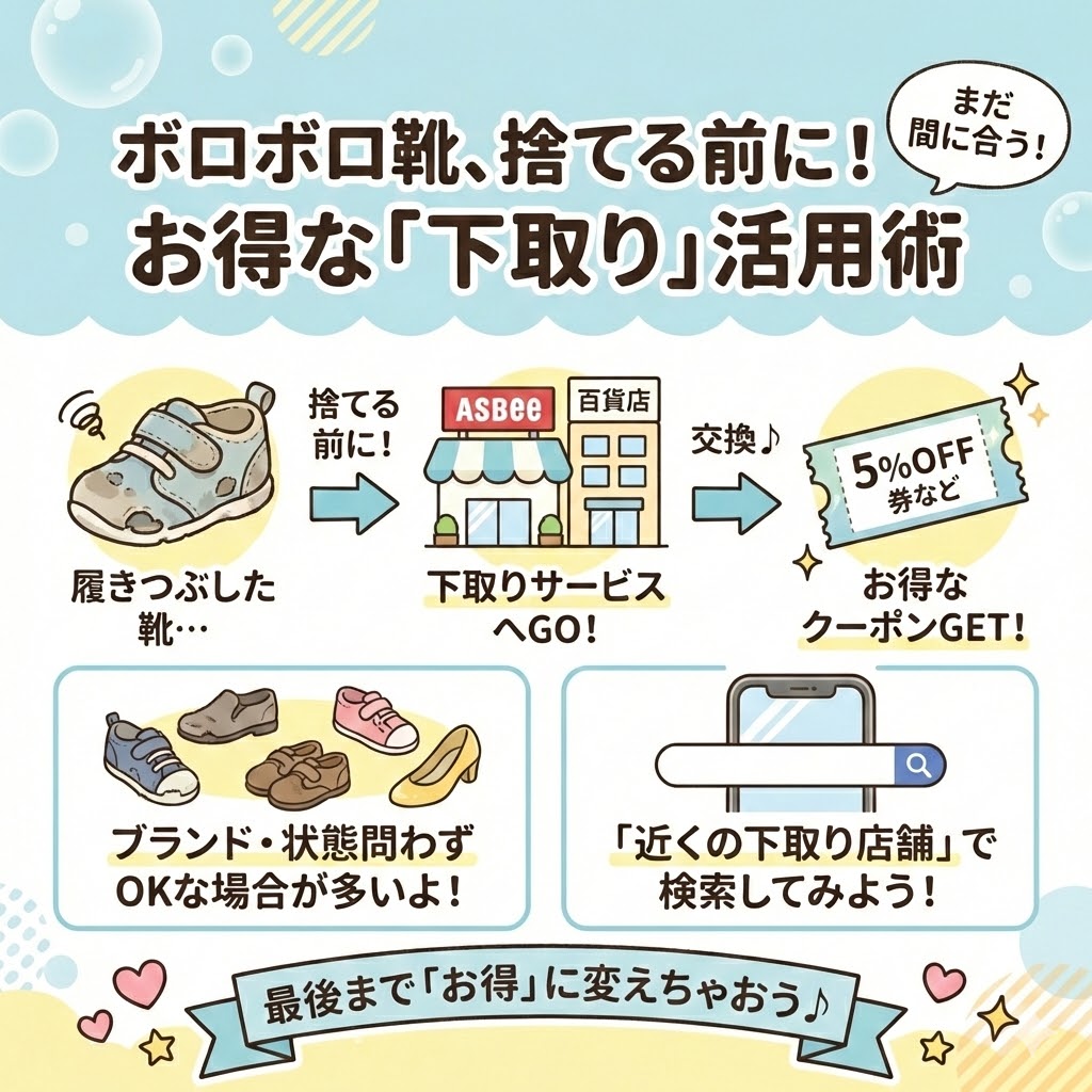 売るのが難しいほどボロボロになった靴は、下取りサービスを利用しましょう。
