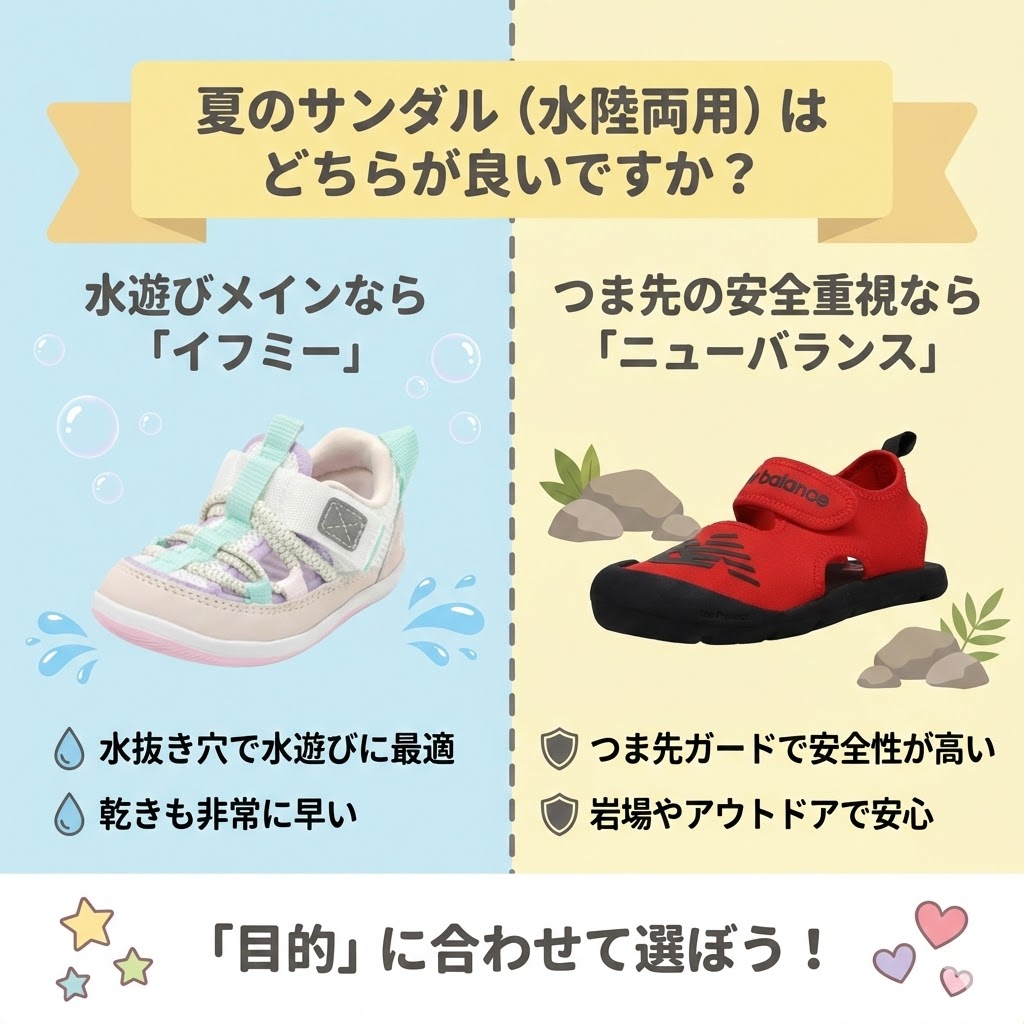 夏のサンダル（水陸両用）水遊びメインなら「イフミー」、つま先の安全重視なら「ニューバランス」です。