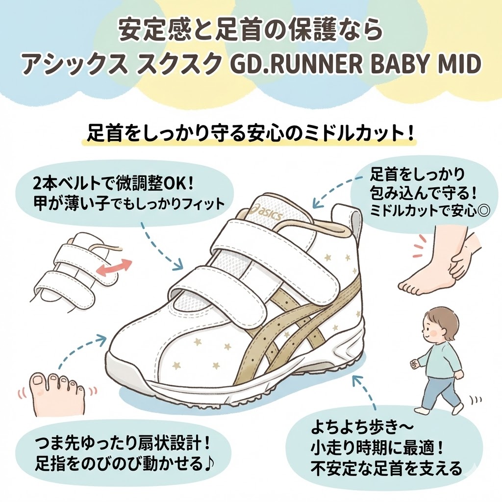 セカンドシューズおすすめ3選　安定感と足首の保護ならアシックス スクスク GD.RUNNER BABY MID