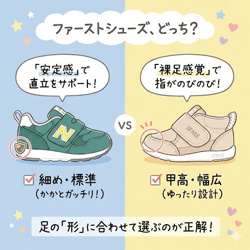 安定感なら「ニューバランス」、足指の自由度なら「イフミー」です。