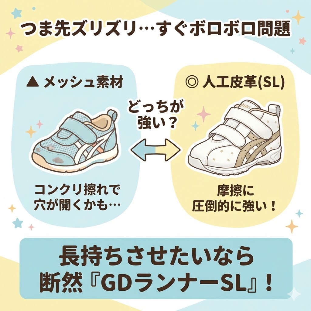 摩擦への耐久性は、人工皮革（SL）を使っているGDランナーのほうが圧倒的に高いです。