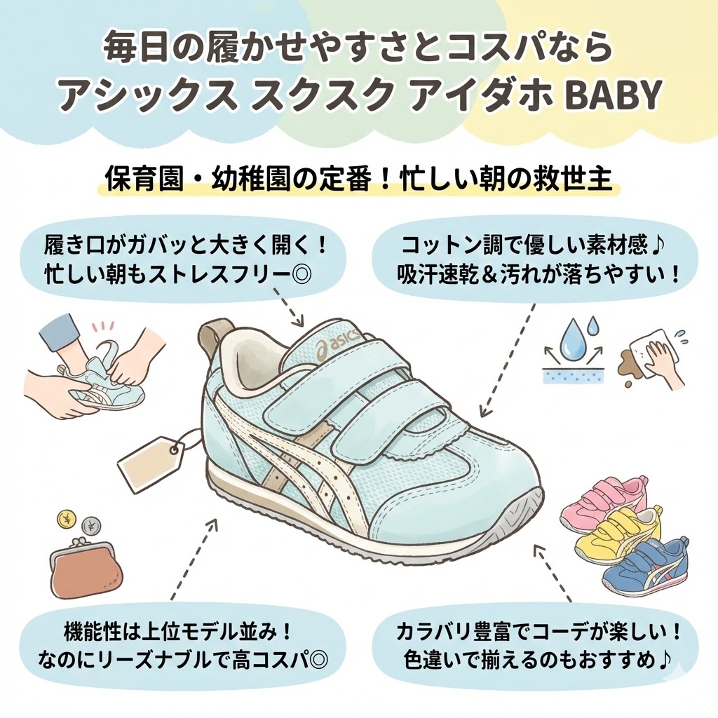 セカンドシューズおすすめ3選　毎日の履かせやすさとコスパならアシックス スクスク アイダホ BABY