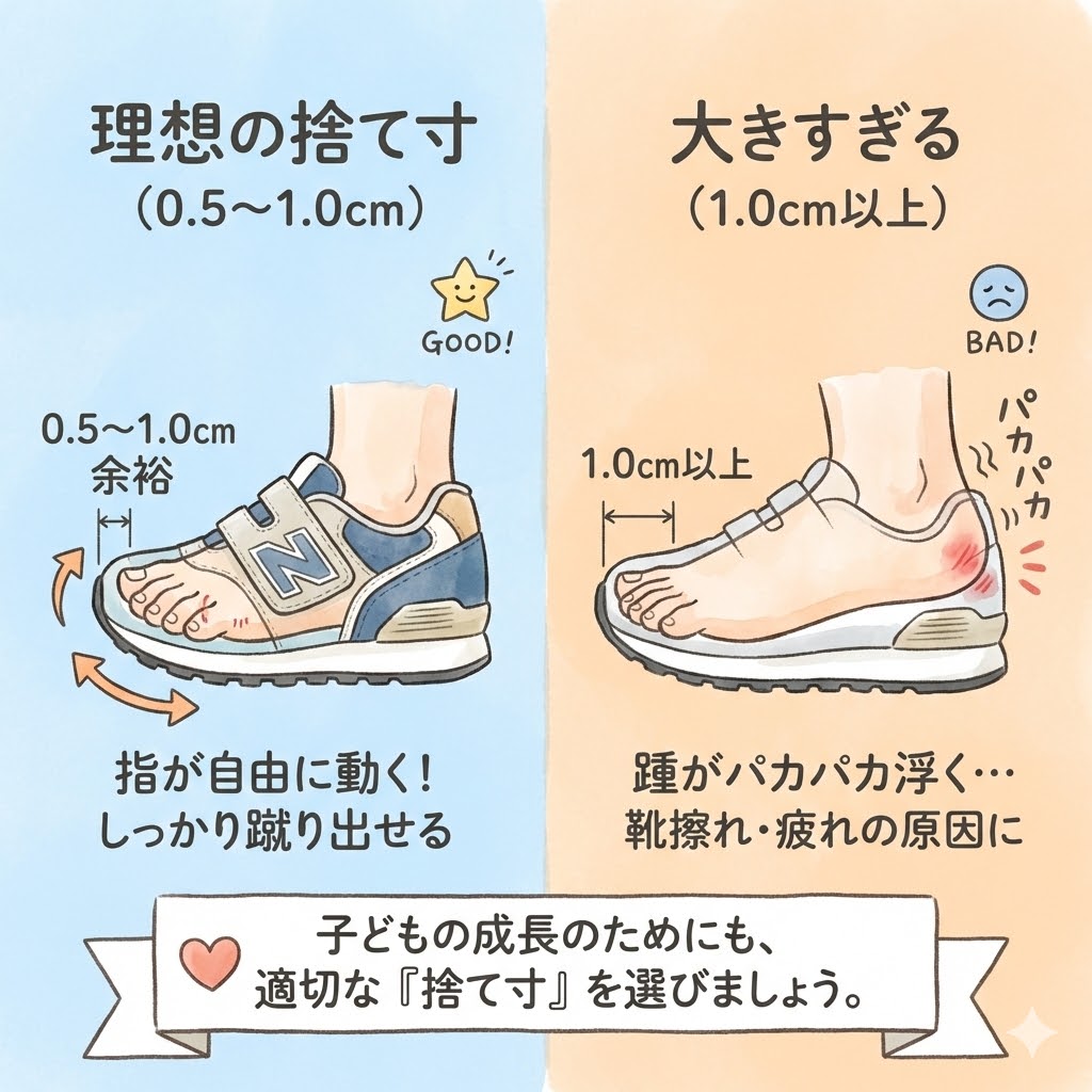 理想は0.5cm〜1.0cmの余裕。これを超えるとニューバランスでもカカトが浮く