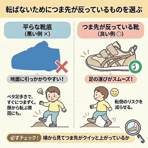転ばないためにつま先が反っているセカンドシューズを選ぶ