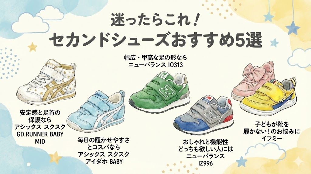 結論：迷ったらこれ！セカンドシューズおすすめ5選
安定感と足首の保護ならアシックス スクスク GD.RUNNER BABY MID
毎日の履かせやすさとコスパならアシックス スクスク アイダホ BABY
幅広・甲高な足の形ならニューバランス IO313
おしゃれと機能性どっちも欲しい人にはニューバランス IZ996
子どもが靴を履かない！のお悩みには イフミー