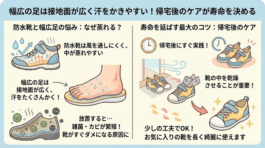幅広の足は接地面が広く汗をかきやすい！帰宅後のケアが寿命を決める