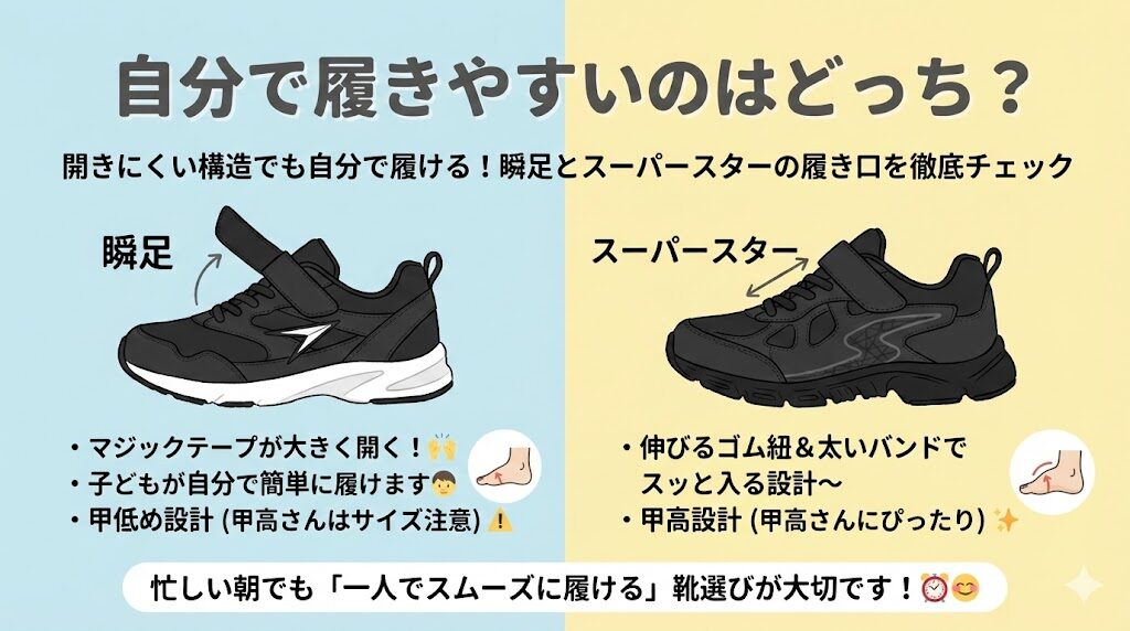 開きにくい構造でも自分で履ける！瞬足とスーパースターの履き口を徹底チェック