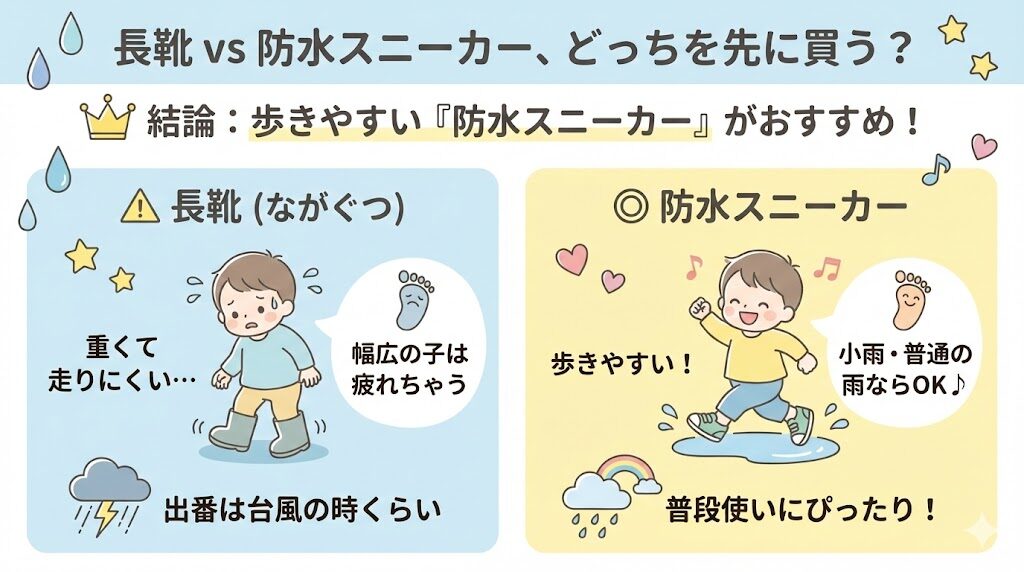 長靴より防水スニーカーを先に揃えるのがおすすめ